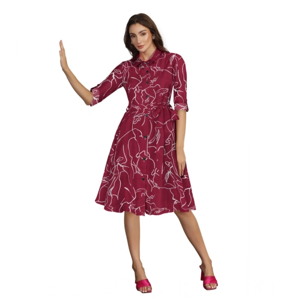 Women's Ruby Cotton Printed Shirt Collar 3-4th Sleeve Dresses (Maroon) - L