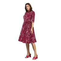 Women's Ruby Cotton Printed Shirt Collar 3-4th Sleeve Dresses (Maroon) - L
