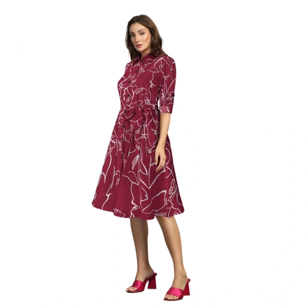 Women's Ruby Cotton Printed Shirt Collar 3-4th Sleeve Dresses (Maroon) - L