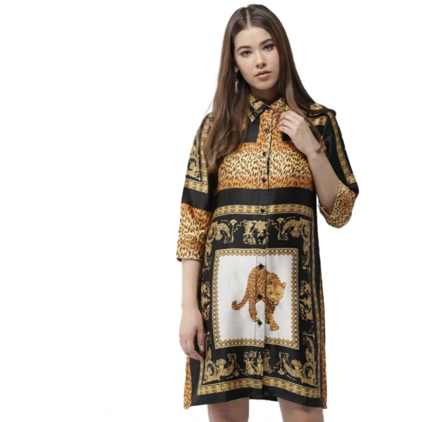Women's Satin Animal Print 3-4th Sleeves Above Knee Dress (White - Orange) - S