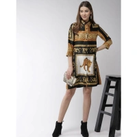 Women's Satin Animal Print 3-4th Sleeves Above Knee Dress (White - Orange) - S