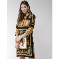 Women's Satin Animal Print 3-4th Sleeves Above Knee Dress (White - Orange) - S