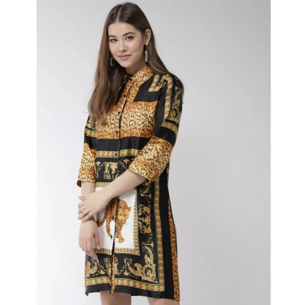 Women's Satin Animal Print 3-4th Sleeves Above Knee Dress (White - Orange) - S