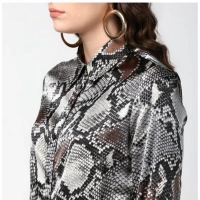 Women's Satin Animal Print Long Sleeves Standard Length Shirt (Black - Grey) - XL