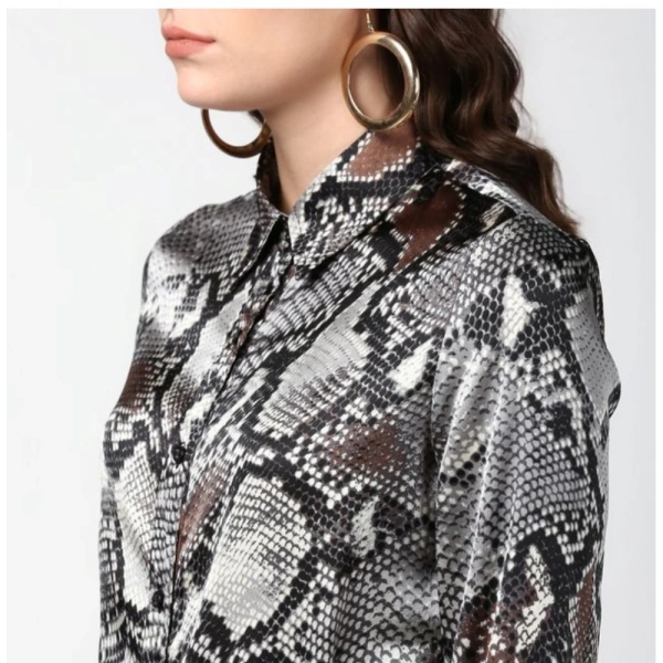 Women's Satin Animal Print Long Sleeves Standard Length Shirt (Black - Grey) - XL