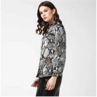 Women's Satin Animal Print Long Sleeves Standard Length Shirt (Black - Grey) - XL