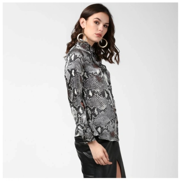 Women's Satin Animal Print Long Sleeves Standard Length Shirt (Black - Grey) - XL