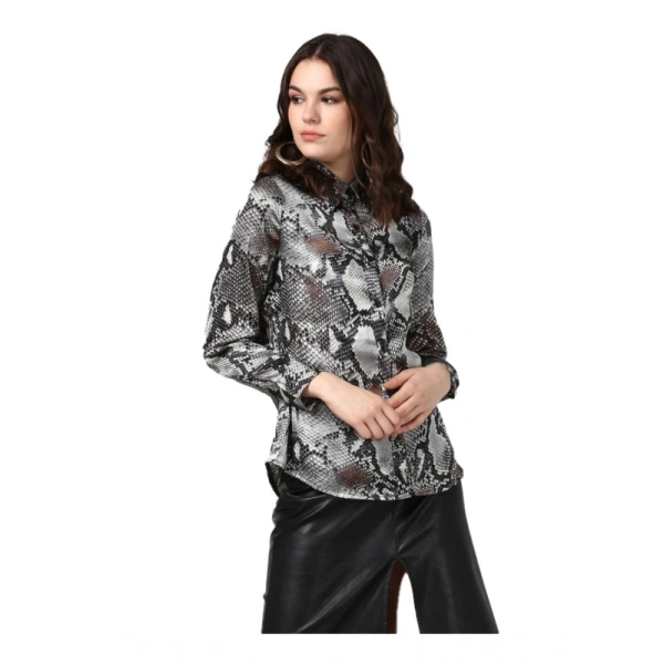 Women's Satin Animal Print Long Sleeves Standard Length Shirt (Black - Grey) - L