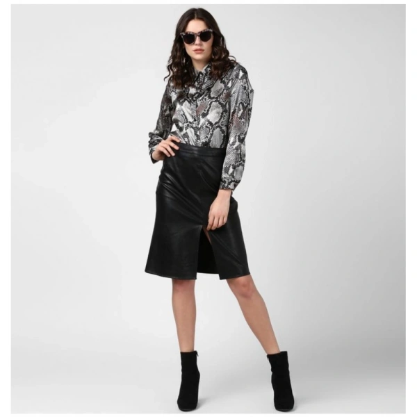 Women's Satin Animal Print Long Sleeves Standard Length Shirt (Black - Grey) - L