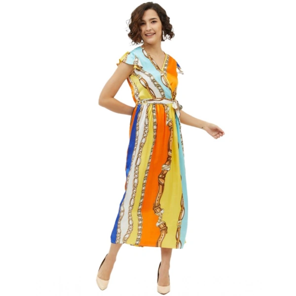 Women's Satin Chain Print Cap Sleeve Calf-length Dress (Multicolor) - L