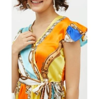 Women's Satin Chain Print Cap Sleeve Calf-length Dress (Multicolor) - L