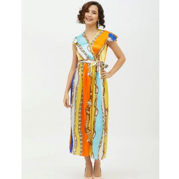 Women's Satin Chain Print Cap Sleeve Calf-length Dress (Multicolor) - L