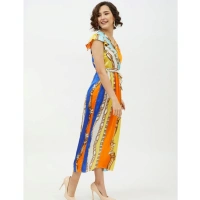 Women's Satin Chain Print Cap Sleeve Calf-length Dress (Multicolor) - L