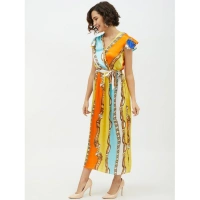 Women's Satin Chain Print Cap Sleeve Calf-length Dress (Multicolor) - L