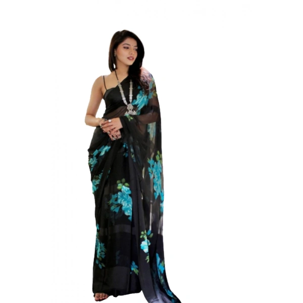 Women's Satin Patta Printed Saree With Unstitched Blouse (Blue) - Blue