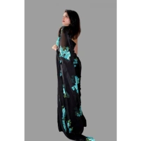 Women's Satin Patta Printed Saree With Unstitched Blouse (Blue) - Blue