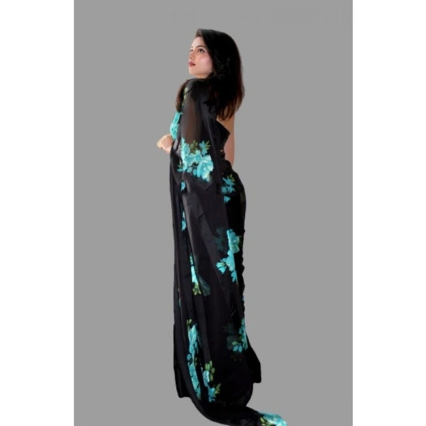 Women's Satin Patta Printed Saree With Unstitched Blouse (Blue) - Blue