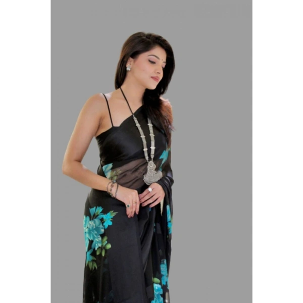 Women's Satin Patta Printed Saree With Unstitched Blouse (Blue) - Blue