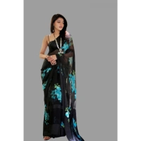 Women's Satin Patta Printed Saree With Unstitched Blouse (Blue) - Blue