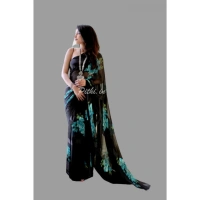 Women's Satin Patta Printed Saree With Unstitched Blouse (Blue) - Blue