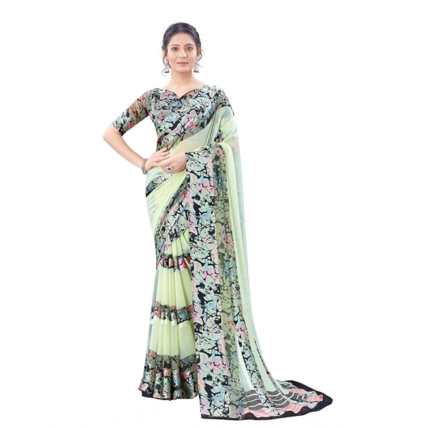 Women's Satin Patta Printed Saree With Unstitched Blouse (Cream) - Cream
