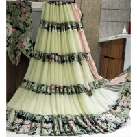 Women's Satin Patta Printed Saree With Unstitched Blouse (Cream) - Cream