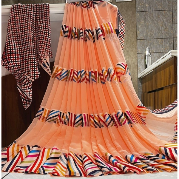 Women's Satin Patta Printed Saree With Unstitched Blouse (Peach) - Peach