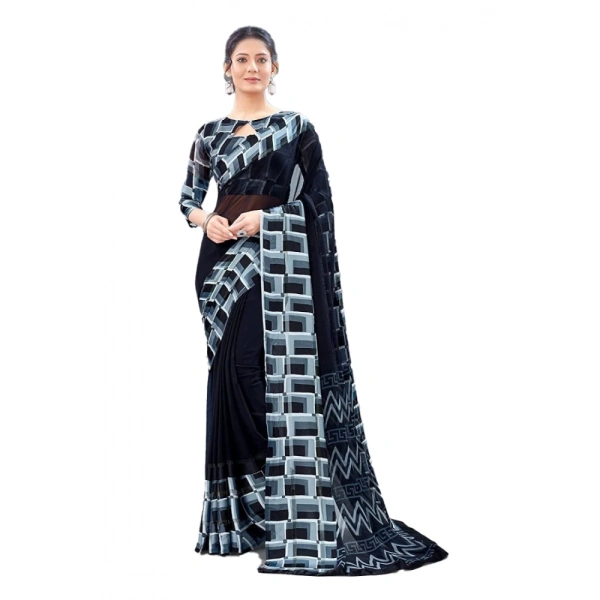 Women's Satin Patta Printed Saree With Unstitched Blouse (Black) - Black