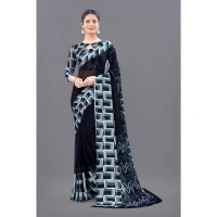 Women's Satin Patta Printed Saree With Unstitched Blouse (Black) - Black