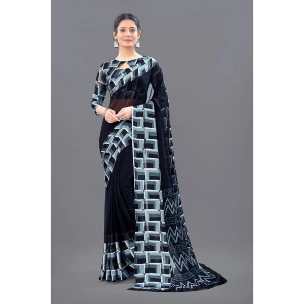 Women's Satin Patta Printed Saree With Unstitched Blouse (Black) - Black