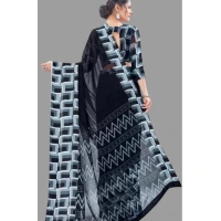 Women's Satin Patta Printed Saree With Unstitched Blouse (Black) - Black