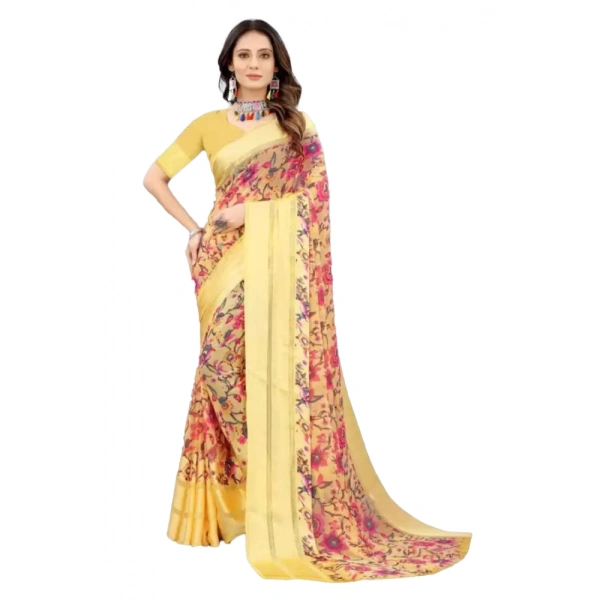 Women's Satin Patta Printed Saree With Unstitched Blouse (Yellow) - Yellow