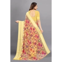 Women's Satin Patta Printed Saree With Unstitched Blouse (Yellow) - Yellow