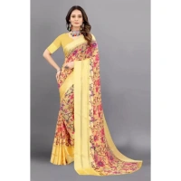 Women's Satin Patta Printed Saree With Unstitched Blouse (Yellow) - Yellow