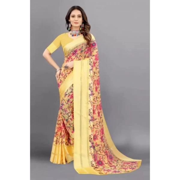 Women's Satin Patta Printed Saree With Unstitched Blouse (Yellow) - Yellow
