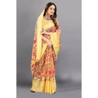 Women's Satin Patta Printed Saree With Unstitched Blouse (Yellow) - Yellow