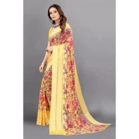 Women's Satin Patta Printed Saree With Unstitched Blouse (Yellow) - Yellow