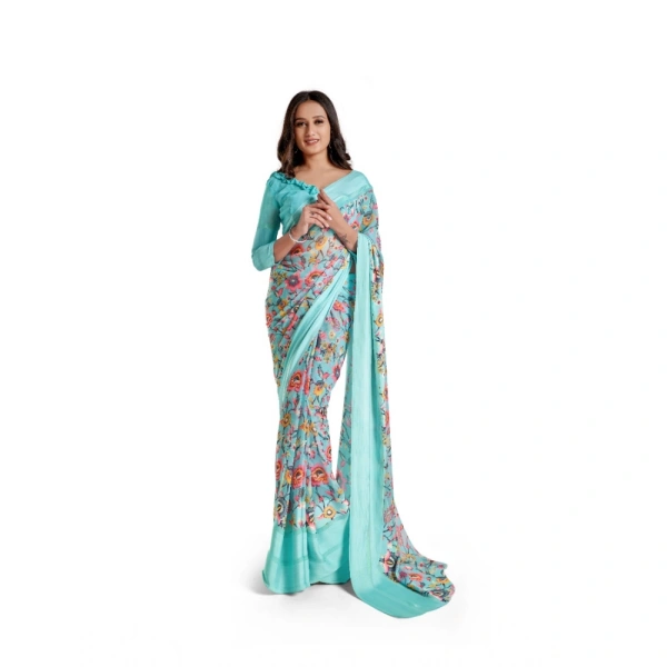 Women's Satin Patta Printed Saree With Unstitched Blouse (Skyblue) - Skyblue