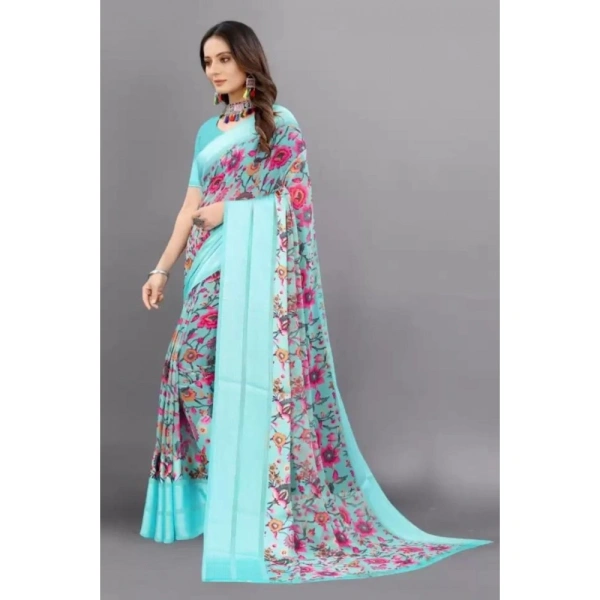 Women's Satin Patta Printed Saree With Unstitched Blouse (Skyblue) - Skyblue