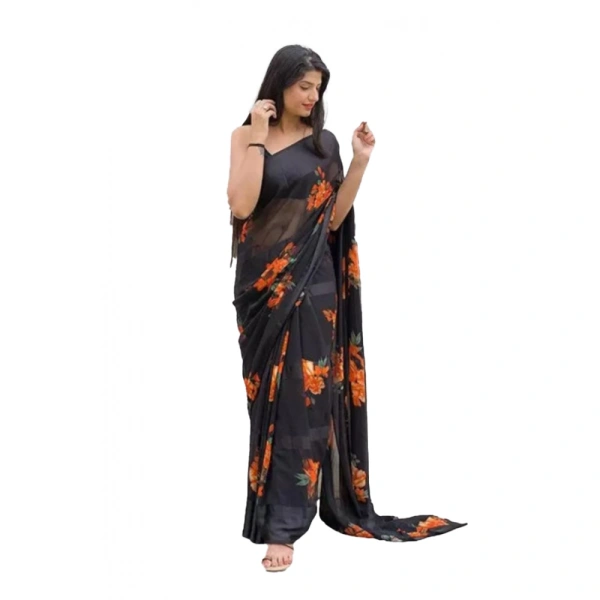 Women's Satin Patta Printed Saree With Unstitched Blouse (Orange) - Orange