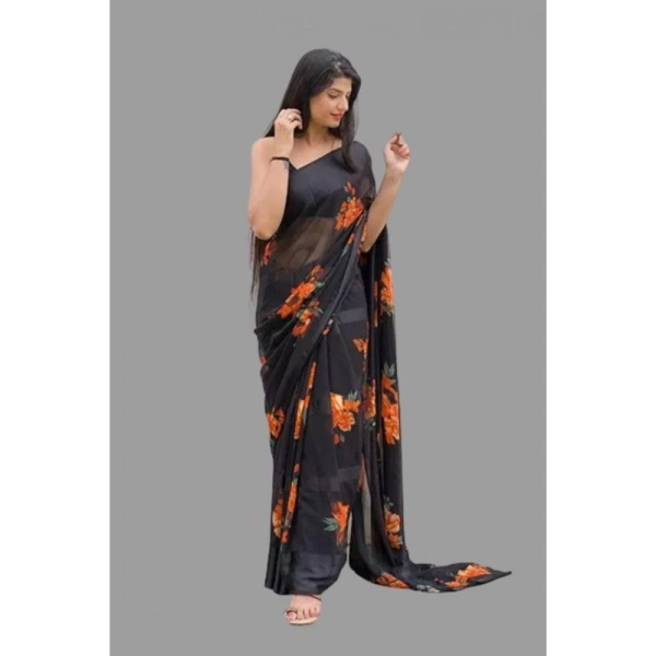 Women's Satin Patta Printed Saree With Unstitched Blouse (Orange) - Orange