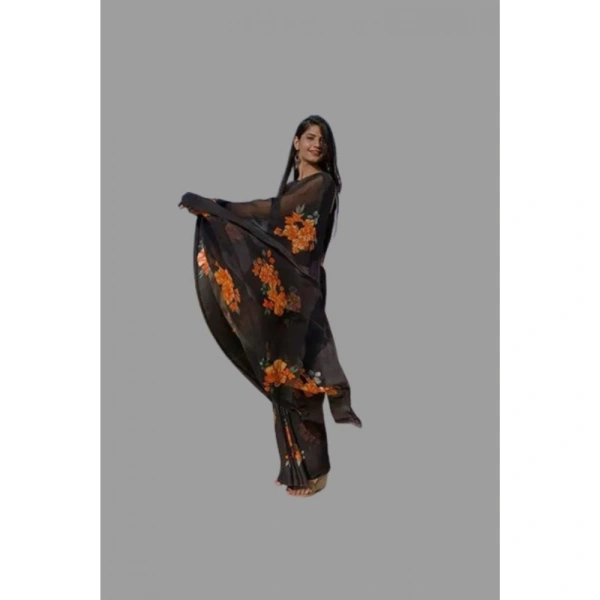 Women's Satin Patta Printed Saree With Unstitched Blouse (Orange) - Orange