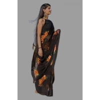 Women's Satin Patta Printed Saree With Unstitched Blouse (Orange) - Orange