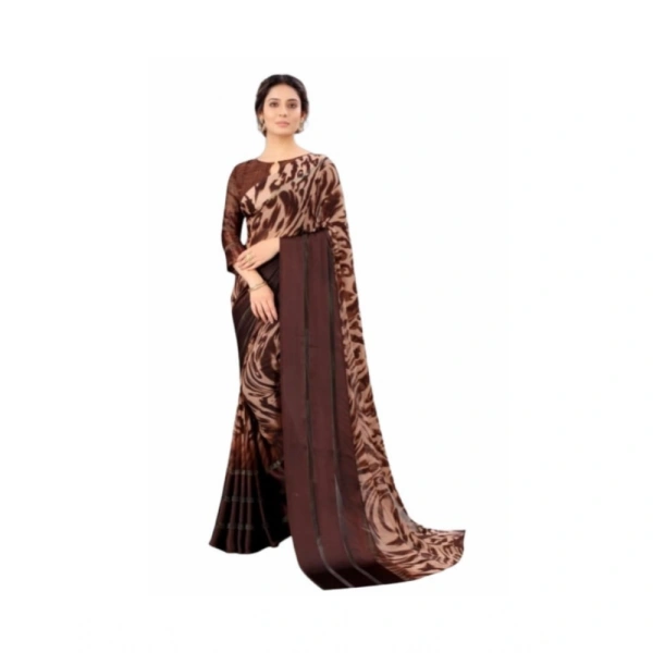 Women's Satin Patta Printed Saree With Unstitched Blouse (Brown) - Brown