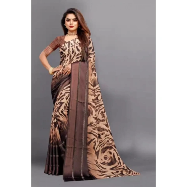 Women's Satin Patta Printed Saree With Unstitched Blouse (Brown) - Brown