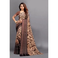 Women's Satin Patta Printed Saree With Unstitched Blouse (Brown) - Brown