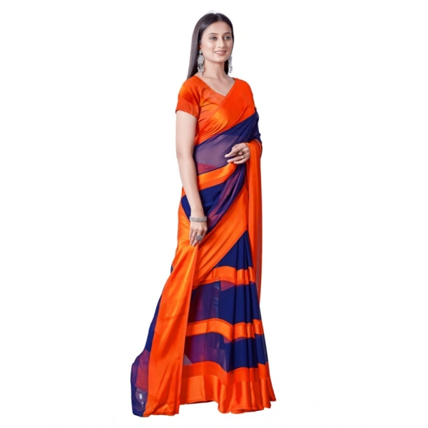 Women's Satin Patta Printed Saree With Unstitched Blouse (Orange) - Orange