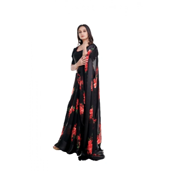 Women's Satin Patta Printed Saree With Unstitched Blouse (Red) - Red