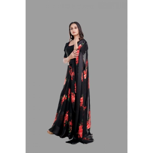 Women's Satin Patta Printed Saree With Unstitched Blouse (Red) - Red