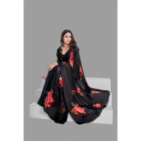 Women's Satin Patta Printed Saree With Unstitched Blouse (Red) - Red